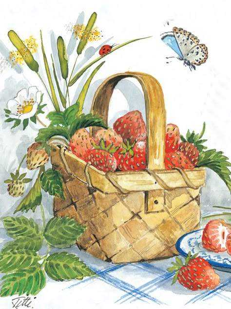 Strawberry Basket Drawing, Summer Fruits Drawing, Strawberry In Basket, Fruit Basket Illustration, Fruit Bowl Drawing, Bucket Drawing, Strawberry Drawing, Strawberry Art, Basket Drawing