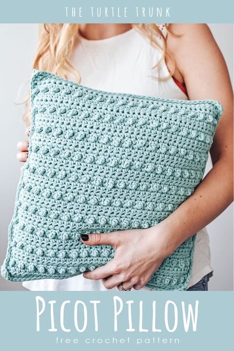 Pinterest pin for the picot pillow crochet pattern by The Turtle Trunk Easy Crochet Pillow, Pillow Cover Crochet Pattern, Picot Crochet, Crochet Pillow Patterns Free, Crochet Cushion Pattern, Bobble Stitch Crochet, Pillow Covers Pattern, Crochet Pillow Cover, Crochet Cushion Cover