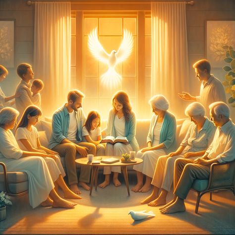 A serene and harmonious family scene, representing the Holy Spirit's presence in family life. The image shows a diverse group of family members of various ages, gathered in a warm, inviting living room. They are engaged in loving, peaceful interactions, like reading the Bible together, having a gentle conversation, and offering support to each other. The room is bathed in soft, warm light... Love In Bible, Holly Spirit, Jesus Cross Wallpaper, Prayer Images, Biblical Artwork, Church Aesthetic, Inviting Living Room, Reading The Bible, Bible Verses Kjv