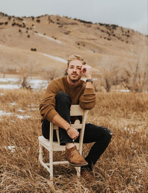 Outdoor Man Photoshoot, Outdoor Photoshoot For Men, Male Model Outdoor Photoshoot, Men Portrait Poses Outdoor, Field Chair Photoshoot, Farm Photoshoot Ideas Men, Chair Portrait Photography, Chair In Field Photoshoot, Men Portrait Photography Outdoor