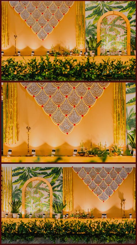 This decor is a harmonious blend of tradition, elegance, and sophistication, creating a captivating and visually stunning ambiance that not only delights the eyes but also soothes the soul❤️ Yellow Backdrop Ideas, Haldi Stage Decoration Backdrops, Haldi Backdrop Stage Decorations, Backdrop Design For Wedding, Indoor Mehendi Decor Ideas, Green Backdrop Wedding, Flex Backdrop, Floating Mandap, Traditional Backdrop Decoration