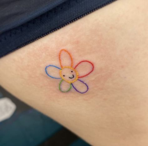 cute flower tattoo #tattooideas Silly Small Tattoos, Tiny Flower Tattoos, 8bit Art, 8 Bits, Cartoon Tattoos, Aesthetic Tattoo, Normal People, Cute Flower, Color Tattoo