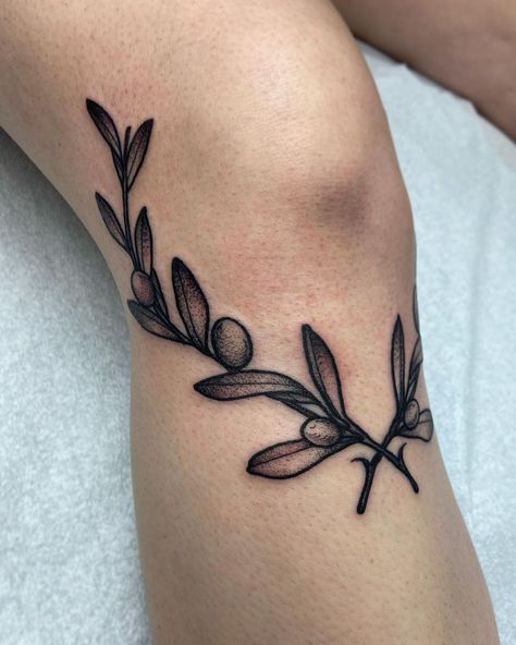 Knee Olive Branch Tattoo, American Traditional Olive Branch Tattoo, Olive Branch Elbow Tattoo, Plants Around Knee Tattoo, Traditional Olive Branch Tattoo, Two Olive Branch Tattoo, Greenery Tattoos, Branch Knee Tattoo, Nature Knee Tattoo