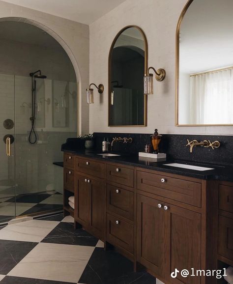 Hacienda Style Restroom, Master Bath Black Countertop, English Style Bathroom Design, Half Bath Color Drench, Architecture Digest Bathroom, Wood Vanity Black Countertop, Modern Tudor Bathroom, Master Bath Ideas Black And White, Bathroom Ideas Black Countertop