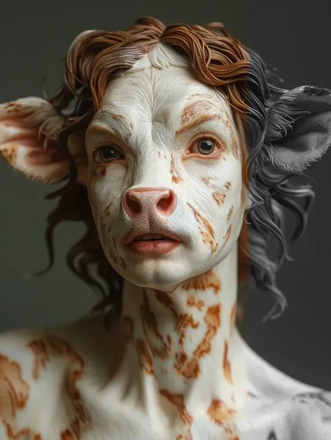 Full Color Image in ai-img-gen.com 🔸 https://s.mj 🔸 From Midjourney AI Image Human Cow, Cow Nose, Hybrid Creature, Cow Ears, Hybrid Art, Fantasy Life, Art Painting Tools, Face Drawing Reference, Graphic Novel Art