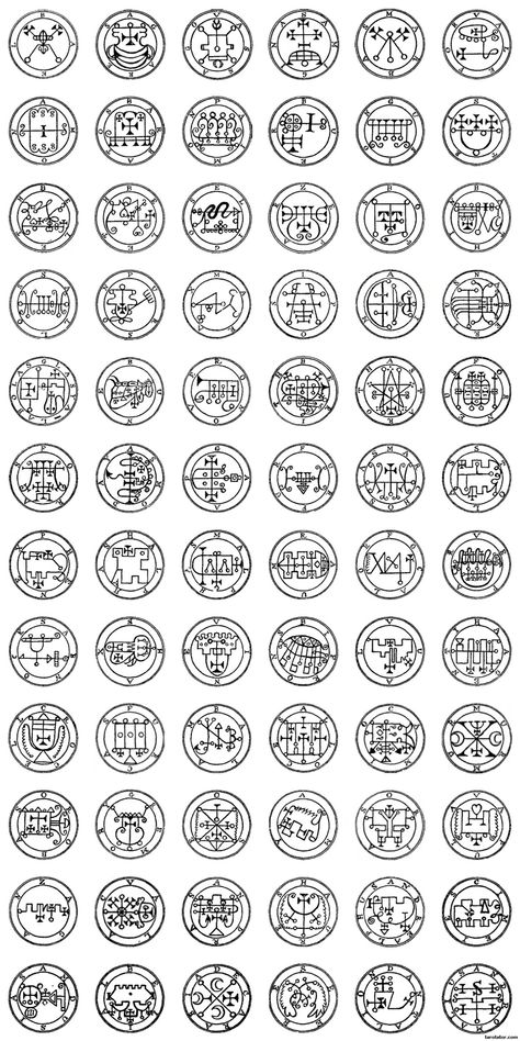 The seals of the 72 Spirits of the lesser Key of Solomon Angel Sigils, 72 Angels, Demon Symbols, Lesser Key Of Solomon, Ars Goetia, Key Of Solomon, Angelic Symbols, Ceremonial Magick, Mystic Symbols