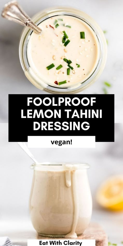 Vegan Tahini Dressing, Tahini Salad Dressing, Vegan Sauce Recipes, Tahini Dressing Recipe, Vegan Dressings, Vegan Salad Dressing, Vegan Dressing, Lemon Tahini Dressing, Vegan Sauces