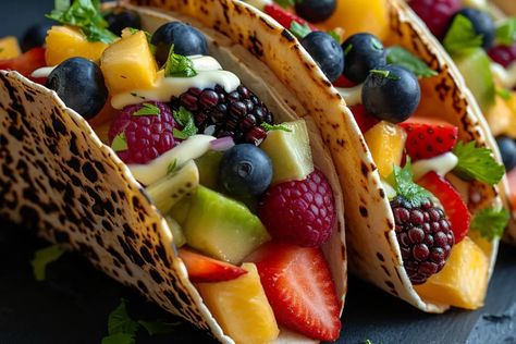 Fruit Tacos Fruit Tacos, Fruit Taco, Spicy Pickled Carrots, Cream Cheese Pasta, Healthy Dessert Options, Cheeseburger Pie, Homemade Comfort Food, Fruity Treats, Taco Ingredients