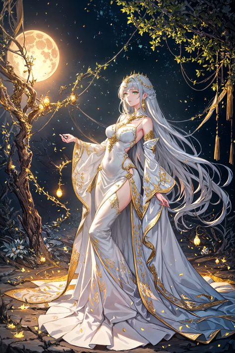 "Step into a realm of enchantment with our latest digital painting. Discover a serene beauty adorned in red & gold, her silver hair illuminated by moonlight, amidst an ancient, ivy-clad garden. A night of gentle magic awaits. Perfect for those who cherish art rich in fantasy & mystery. #EtherealArt" Goddess Of Night, Enchanted Night Outfit, Enchanted Night, Enchanted Characters, Princess Bridal Gown, Dante Devil May Cry, Mythical Creatures Fantasy, Ethereal Art, Anime Outfits