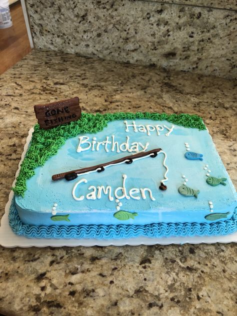 Fishing Party Cake Ideas, Fishing Sheet Cakes For Men, Fishing Themed Sheet Cake, Easy Fishing Cake Ideas, Fishing Themed Birthday Party Cake, Fish Cake Birthday For Men, Easy Fish Cake Birthday, Fish Birthday Cake For Men, Fishing Party Cake