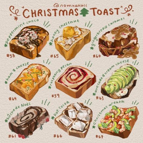 Christmas Food Drawing, Christmas Toast, Bread Aesthetic, Christmas Month, Open To Receiving, Christmas Layout, Cafe Menu Design, Recipe Drawing, Food Doodles