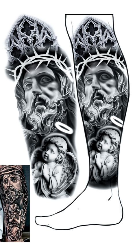 Leg Tattoos For Men, Jesus Tattoo Design, Full Leg Tattoos, Half Sleeve Tattoos Drawings, Realistic Tattoo Sleeve, Statue Tattoo, Full Sleeve Tattoo Design, Chicano Style Tattoo, Chicano Art Tattoos