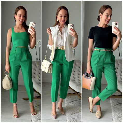 Women Green Pants Outfit, Green Pants Outfit Women Work, Green Work Pants Outfit, Bright Business Casual Outfits, Bright Work Outfits, Green Outfit Ideas For Women, Green Trousers Outfit, Kelly Green Pants, Bright Summer Outfits