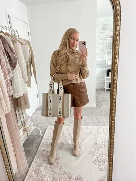 Faux leather shorts with a neutral sweater and Chloe woody tote Chloe Woody Tote, Tote Bag Outfit, Neutral Sweater, Faux Leather Shorts, Neutral Sweaters, Winter To Spring, Cold Weather Fashion, Celine Luggage Bag, Medium Tote