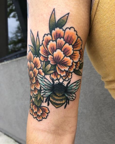 Traditional Tattoo Cover Up, Marigold Tattoo, Bumble Bee Tattoo, Traditional Tattoo Flowers, Ink Therapy, Traditional Tattoo Designs, Traditional Style Tattoo, Mother Tattoos, Traditional Tattoo Art