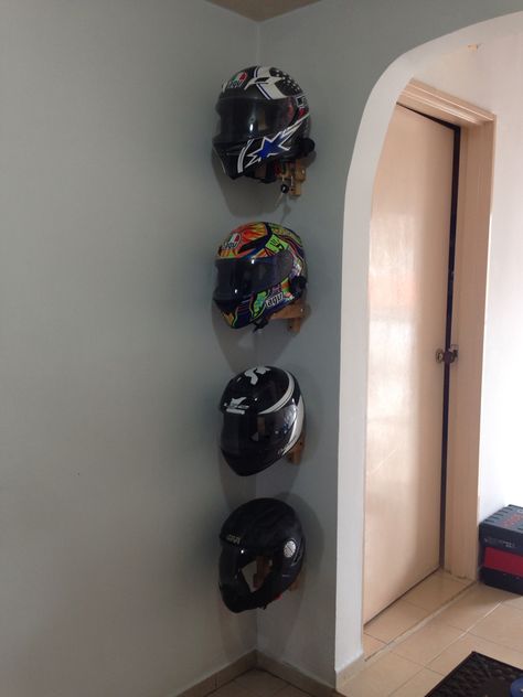 Helmets storage finished Motorbike Helmet Storage, Helmet Storage Ideas At Home, Helmet Organization Ideas, Helmet Storage Ideas, Motorcycle Helmet Display, Motorcycle Garage Ideas, Ski Rack Garage, Motorcycle Helmet Storage, Helmet Wall Mount