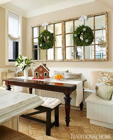 FOCAL POINT STYLING: CHRISTMAS KITCHEN DECORATING IDEAS Furniture Top View, Window Pane Mirror, Balcony Wall, Mirror Dining Room, Diy Backsplash, Dining Room Wall Decor, Christmas Kitchen Decor, Scandinavian Wall, Living Room Mirrors