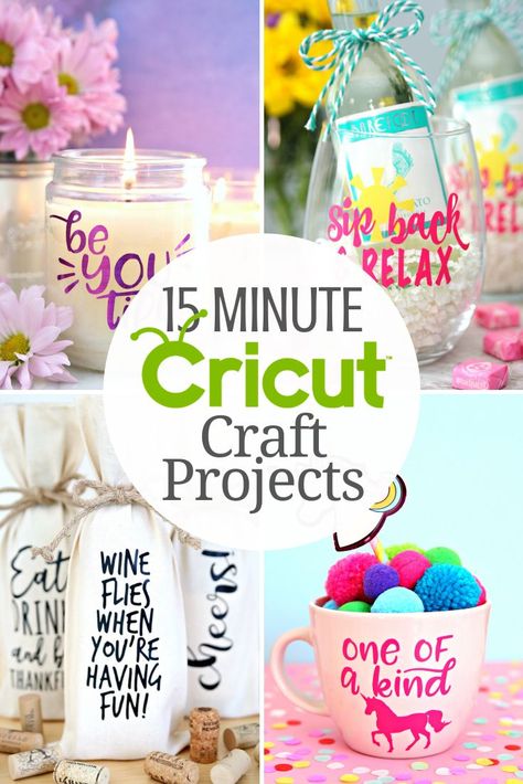 15 Minute Cricut Craft Projects - A fabulous collection of Cricut crafts you can make in 15 minutes or less. Cricut Pins, Craft Hacks, Sell Ideas, Projets Cricut, Cricut Tips, Wine Bottle Diy Crafts, Cricut Projects Beginner, Mason Jar Crafts Diy, Cricut Craft