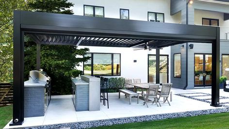 Before & After: Designing an All-Season Outdoor Space | Azenco Black Pergola Ideas, Pergola Terrace, Luxury Backyards, Outdoor Patio Rooms, Black Pergola, Patio Fan, Outdoor Grill Station, Louvered Pergola, Outdoor Space Design