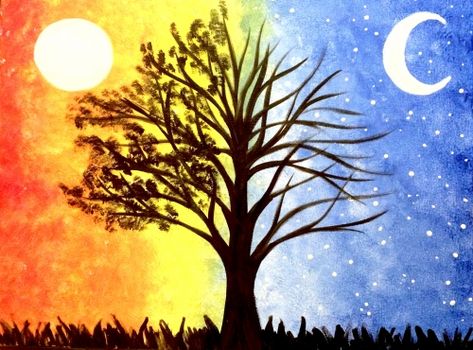 Night Vs Day Art, Split Paintings, Night And Day Art, Tree Painting Easy, Vinyl Record Painting, Contrast Art, Painting Trees, Sun Painting, Kids Poems