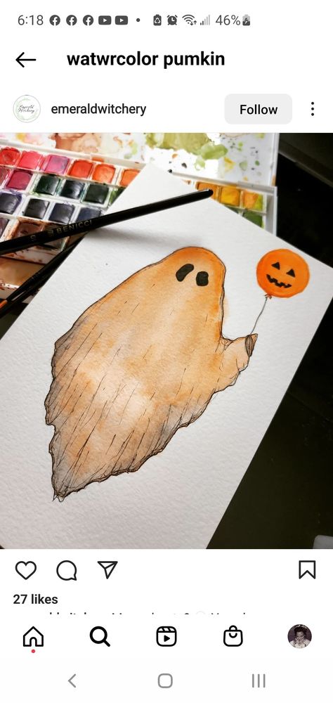 Watercolor Art For Beginners Halloween, Halloween Painting Inspo Easy, Easy Doodle Art Fall, Spooky Season Watercolor, Halloween Watercolour Painting Ideas, Autumn Aesthetic Painting Easy, Fall Watercolor Landscape Easy, Halloween Painting Ideas Watercolor, Halloween Watercolor Painting Easy