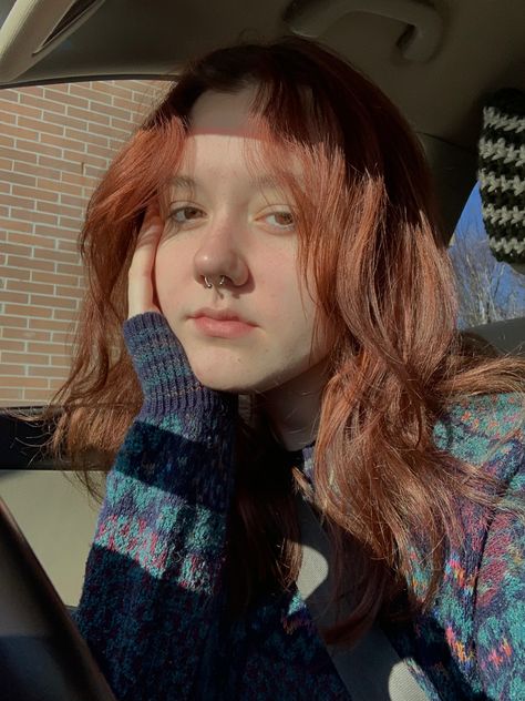 hair inspiration, red tinted hair, curtain bangs, sweater inspo, grandpa sweater, septum piercing Red Tinted Hair, Red Tint Hair, Tinted Hair, Hair Curtain, Cottage House Interior, Hair Curtain Bangs, Hair Tint, Instagram Ladies, Bra Image