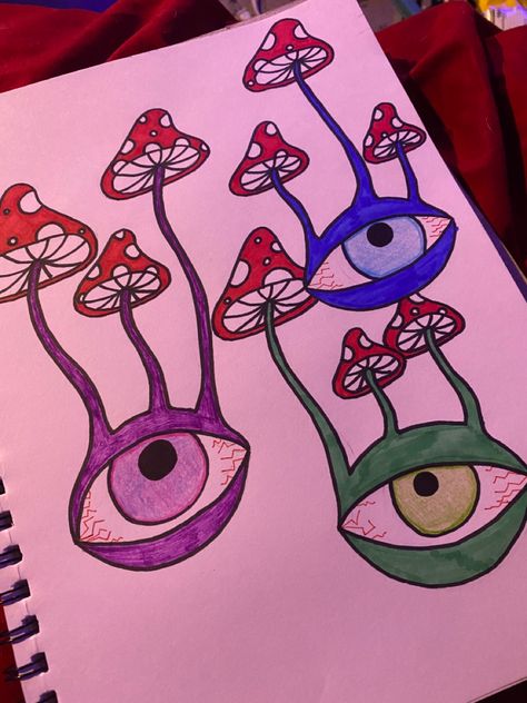 Mushroom Eyes Drawing, Trippy Easy Doodles, Trippie Drawings, Cottagecore Doodles Easy, Trippy Easy Drawings, Simple Trippy Drawings, Trippy Drawings Easy, Cool Mushroom Drawing, Small Trippy Drawings