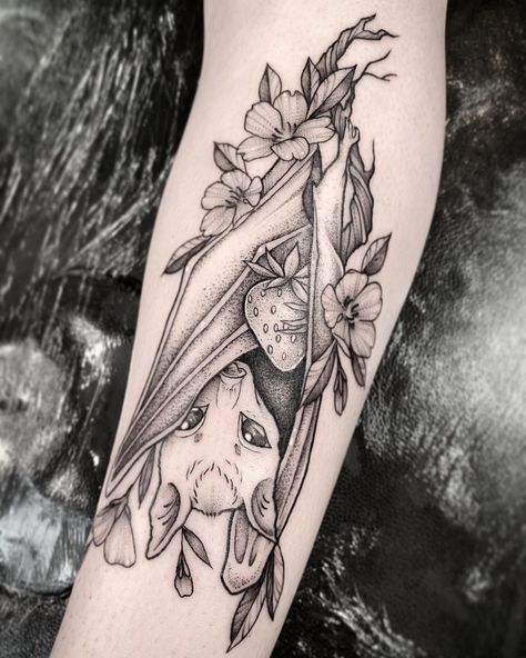 KIRA CARTER TATTOOS on Instagram: “Lil’ bat from a while back 🦇 more spooky stuff would be fab 💖 . . . . #tattoos #tattooartist #blackwork #blackworktattoo #dotwork…” Bat And Book Tattoo, Halloween Black And Grey Tattoo, Big Spooky Tattoos, Creepy Beautiful Tattoo, Beautiful Bat Tattoo, Spooky Forearm Tattoo Women, Spooky Whimsical Tattoo, Spooky Underbust Tattoo, Tattoo Ideas Inner Thigh