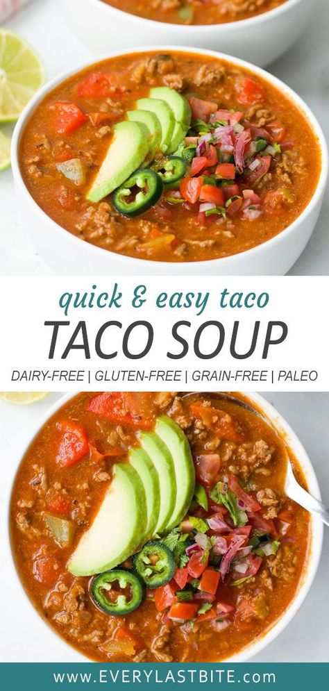 This hearty Whole30 Beef Taco Soup is a cross between a chunky soup and  chili. It’s packed with veggies and ground beef in a richly spiced  broth. This is a great soup to batch cook and freeze for quick meals  during the winter, and best of all it takes just 30 minutes to make.  #dairyfree #whole30 #grainfree #glutenfree Beef Taco Soup, Whole 30 Soup, Easy Whole 30 Recipes, Beef Soup Recipes, Soup With Ground Beef, Paleo Soup, Beef Taco, Keto Beef Recipes, Whole 30 Diet