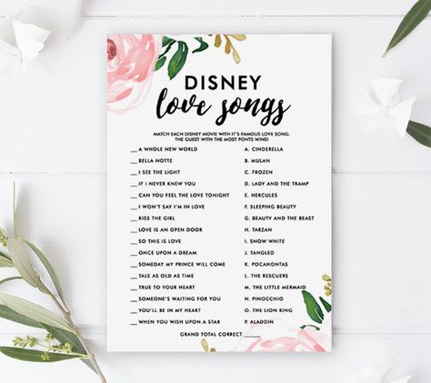 Free Bridal Shower Game, Disney Love Songs, Watercolor Flowers, Instant Download Printable | Printable Market Love Songs Bridal Shower Game, Free Bridal Shower Games, Disney Love Songs, Disney Bridal Showers, Bridal Shower Printables, Wedding Programs Template, Bridal Shower Game, Birthday Printables, Love Song