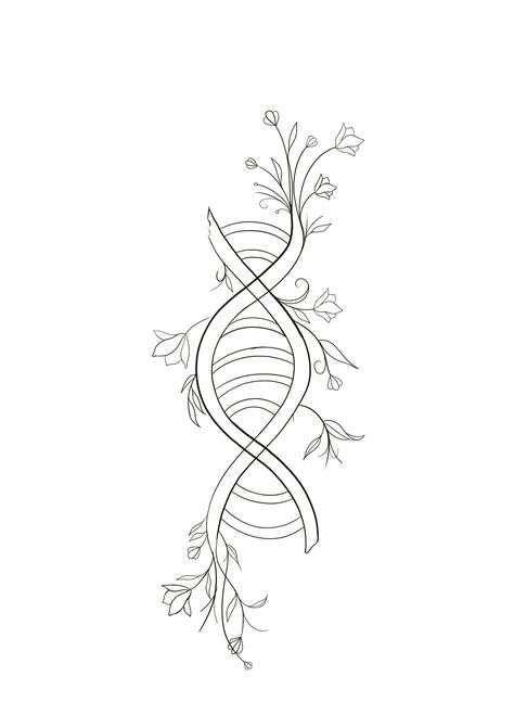 Dna With Flowers Tattoo, Fine Line Dna Tattoo, Biology Inspired Tattoos, Biology Line Art, Lepidoptera Tattoo, Science Line Art, Biochemistry Tattoo, Biology Tattoos, Dna Tattoo Design