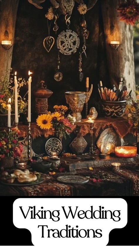 A traditional Viking wedding setup featuring a bridal crown, medieval-style dress, and symbolic items like candles and flowers. Pagan Wedding Alter, Yule Ball Wedding, Pagan Themed Wedding, Viking Fall Wedding, Viking Bachelorette Party, Renn Faire Wedding, Viking Centerpieces, Dark Viking Wedding, Norse Wedding Traditions