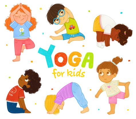 Yoga Cartoon Illustration, Yoga Kids Poses, Yoga Poses For Children, Gymnastics Illustration, Kids Indoor Gym, Patterns For Clothes, Habits Book, Yoga Background, Kid Yoga