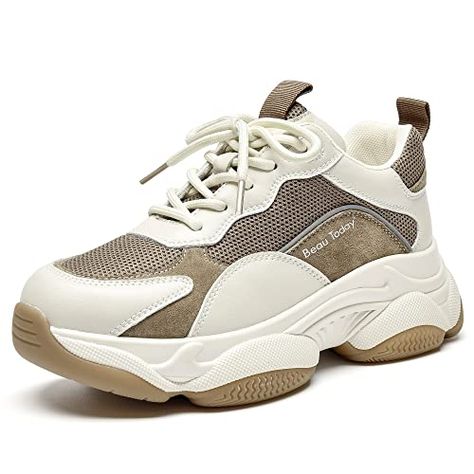 Trendy Trainers, Chunky Sneakers Women, Leather Platform Shoes, Sneakers Women, Chunky Sneakers, Beige Brown, Platform Shoes, Lace Up, Mesh