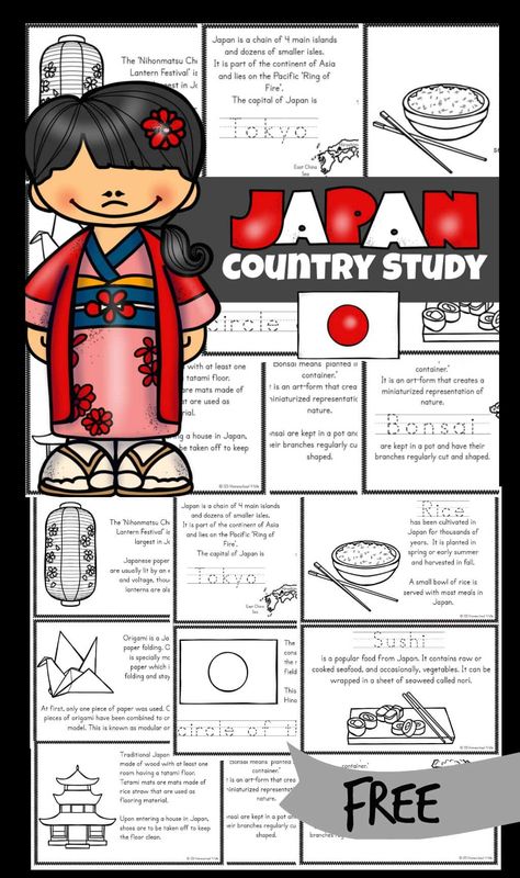 FREE Japan Printables - Take a fascinating journey into the Pacific Ocean to see Mt Fiji, charming gardens, and try sushi with chopsticks without even leaving home to learn about Japan for Kids with these free printable books for preschool, pre k, kindergarten, first grade, 2nd grade, 3rd grade, and 4th grade students. Japan Bulletin Board Ideas, Japan School Project Ideas, Countries Activities For Kids, World Thinking Day Japan, Asian American Pacific Islander Month Preschool Activities, Japanese Activities For Kids, Japan Learning Activities, Japan For Preschoolers, Asia Unit Study For Kids