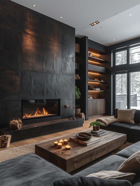 50+ Black Interior Design Concepts: Change Your Perception Masculine Centerpieces, Black Living Room Decor, Black Bedroom Design, Masculine Interior, Black Fireplace, Black Interior Design, Black Living Room, Ideas For Decorating, Living Room Corner