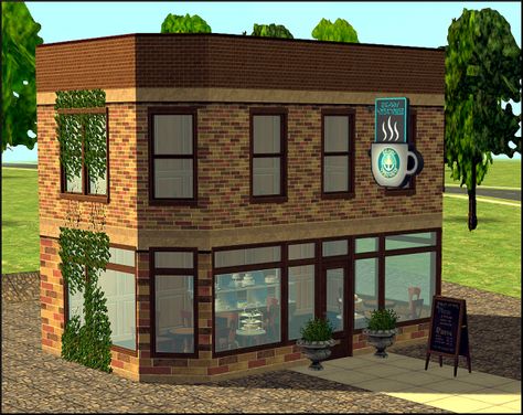 The set includes 6 items: 1x1 simple window; 1x1 storefront window; 2x1 storefront window; 1x1 storefront door; cafe sign; menu recolor for a sandwich board. All building items have 3 matching recolors each. The cafe sign is available only in community building mode. It glows in the dark. The… Sims 2 Downtown, Ts2 Mods, Sims 2 University, Sims Apartment, Sims3 Cc, Storefront Doors, Sims 2 House, Sims Videos, Sims Inspiration