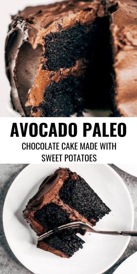 Best paleo chocolate cake you will ever have! Made with sweet potatoes instead of flour and avocado chocolate frosting. This flourless and dairy free chocolate cake is made in the food processor and perfect for any celebration! Are you ready for this easy gluten free chocolate cake recipe? #cake #recipes #baking #paleo Avocado Chocolate Frosting, Gluten Free Chocolate Cake Recipe, Aip Treats, Paleo Chocolate Cake, Broth Diet, Dairy Free Chocolate Cake, Raw Sweet Potato, Avocado Dessert, Muffins Recipes