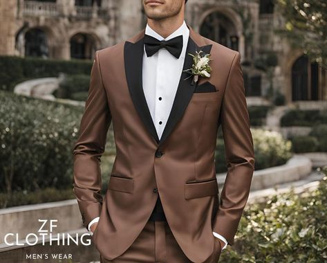 Brown Suit With Black Shirt, Brown Tuxedo For Men, Light Brown Tuxedo Wedding, Chocolate Brown Suits For Men, Brown Tuxedo Wedding, Brown Wedding Colors, Pant Coat For Men, Brown Groomsmen Suits, Brown Wedding Suit