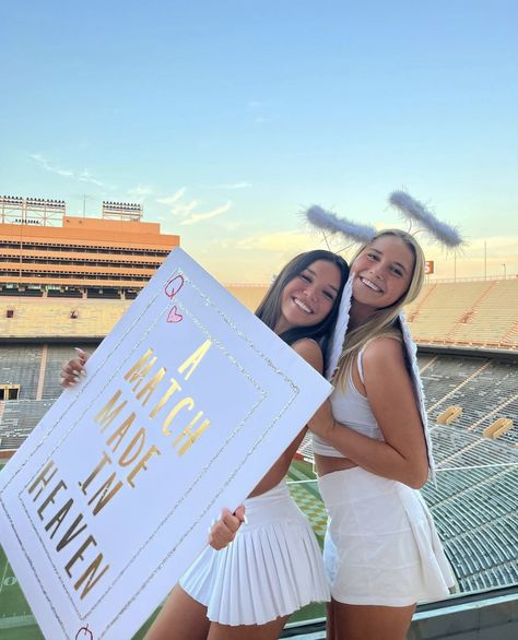 Big Lil Sis Reveal Ideas, A Match Made In Heaven Bid Day, Match Made In Heaven Theme, Match Made In Heaven Bid Day, Fun Big Little Reveal Themes, Perfect Match Big Little Reveal, Bigs And Little Reveal, Big Little Costume Ideas, Match Made In Heaven Big Little