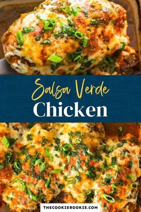 This baked Salsa Verde Chicken only requires a handful of ingredients and about 20 minutes to make. It'll be the most flavorful dinner you make all week! Baked Salsa Verde Chicken, Chicken Salsa Verde Bake, Salsa Verde Ranch Chicken, Chicken And Green Salsa Recipe, Chicken With Salsa Verde, Salsa Verde Chicken Casserole, Chicken Salsa Verde, Easy Salsa Verde, Salsa Verde Chicken Recipe