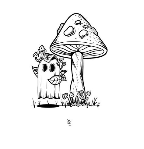 Autumn Doodle Art, Ghost Mushroom Drawing, Spooky Mushroom Drawing, Ghost Mushroom Tattoo, Halloween Mushrooms, Mushroom Tattoo, Mushroom Tattoos, Mushroom Drawing, Relaxing Art