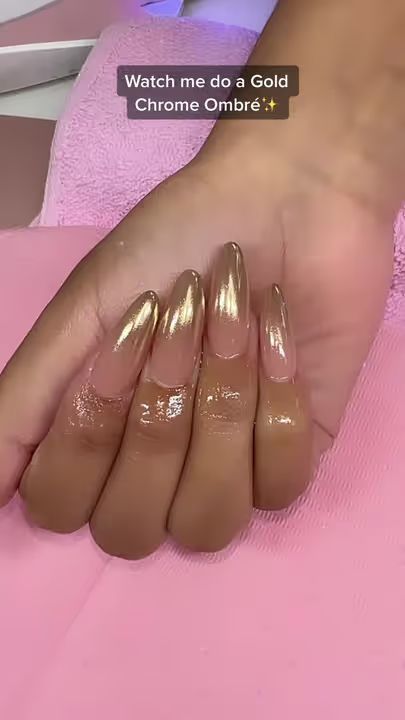 (2)•Chrome Ombré technique• • Using @daily_charme Gold Chrome • • • #go... | TikTok Gold Glitter Chrome Nails, Chrome Ombre Nails Tutorial, Chrome Ombre Nails Designs, Ombre Nails With Chrome, Gold Chrome Nails Designs, Ombré Chrome Nails, Chrome Ombre Nails, Gold Ombre Nails, Gradient Nails Tutorial