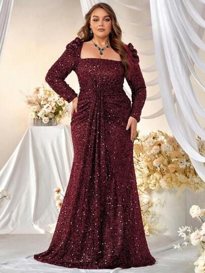 Plus Size Evening Gown With Sleeves, Plus Size Gowns With Sleeves, Plus Size Gala Dress, Evening Gowns Plus Size, Maroon Dresses, Gown Patterns, Embellished Party Dress, Reception Gowns, Plus Size Sequin Dresses