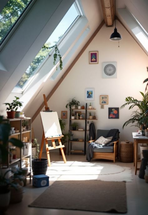 Small attic room ideas Attic Wall Painting Ideas, Finished Attic Storage Ideas, Tiny Attic Office, Attic Art Studio, Dormer Window Ideas, Small Attic Room Ideas, Attic Inspiration, Small Attic Room, Attic Room Ideas