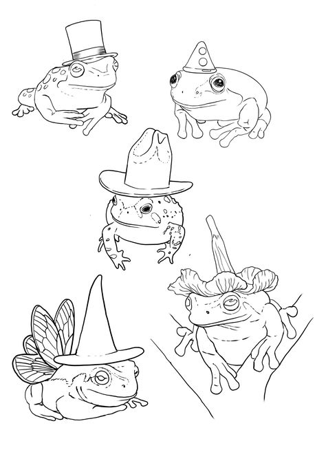 Frogs with hats Frogs With Hats Tattoo, Mini Frog Tattoo Simple, Dumpy Frog Tattoo, Frog In Hat Drawing, Frog In Cowboy Boots, Two Frogs Tattoo, Party Frog Tattoo, Frog With Flower Hat Tattoo, Frog With Hat Tattoo