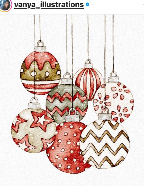 Christmas Ideas Cards, Christmas Watercolor Ornaments, Watercolour Ornaments, Christmas Card Ideas Watercolour, Watercolour Xmas Cards, Cute Christmas Drawing Ideas, Christmas Art Painting, Watercolor Christmas Ornaments, Watercolor Ornaments