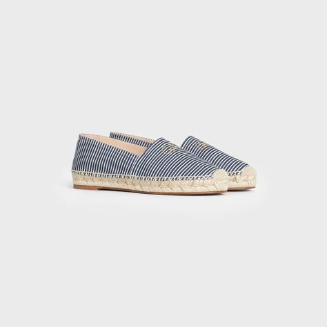 Taillat Flat Espadrille in Stripe Canvas - White|Blue | CELINE Christian Marclay, Handbags Leather, Pumps Flat, Flat Espadrille, Pump Sandals, Shoes Women, Shoes For Women, Leather Goods, Cute Shoes