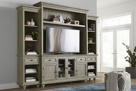 Built In Shelving, Wood Entertainment Center, Entertainment Wall, Wood Furniture Diy, Furniture Care, Solid Wood Furniture, Grey Wood, Furniture Companies, Cottage Decor