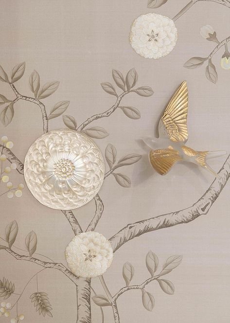 Crystal-encrusted silk wallpaper sprayed with gold is here - but would YOU pay £2,000 a metre? Fromental Wallpaper, 15th Wedding Anniversary, Silk Wallpaper, Lalique Crystal, Hand Embroidered Flowers, Chinoiserie Wallpaper, Wall Panelling, Wall Paint Designs, Orchid Care